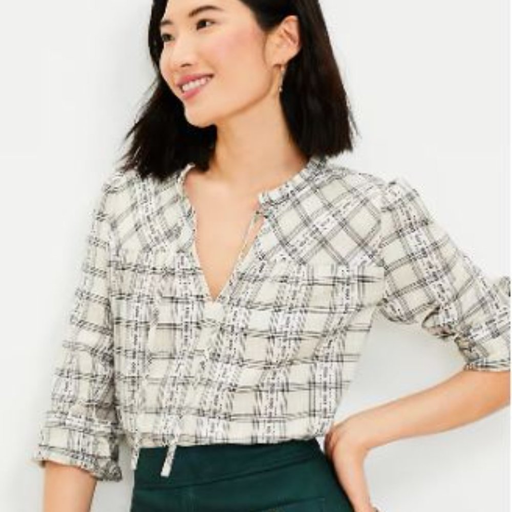 LOFT Cream Plaid Ruffle Tie Neck Blouse Women's L